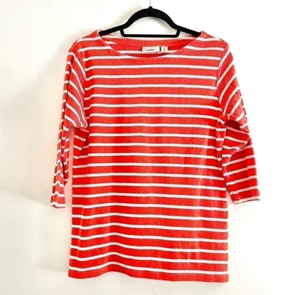 L.L. Bean Pullover Sweater L Thick Knit Striped Orange White 3/4 Sleeves Cotton